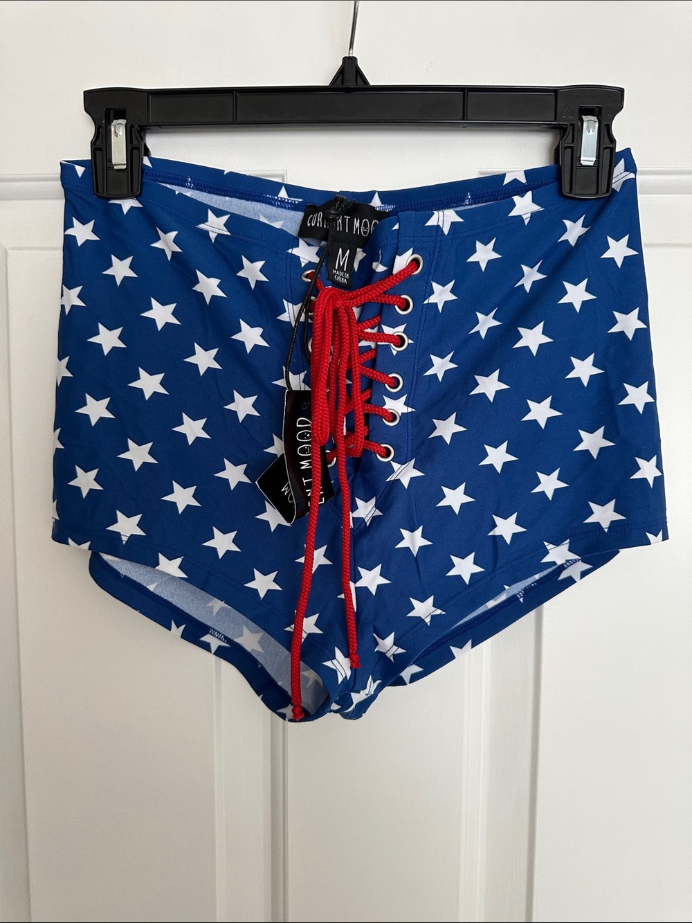 Current Mood Women's Blue Star Print Lace-Up Shorts with Red Drawstring